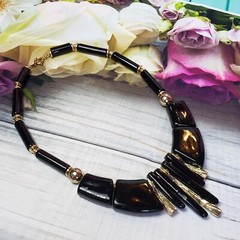 Vintage JAPAN Black Lucite Bead Choker Gold Tone Mid Century Statement Necklace