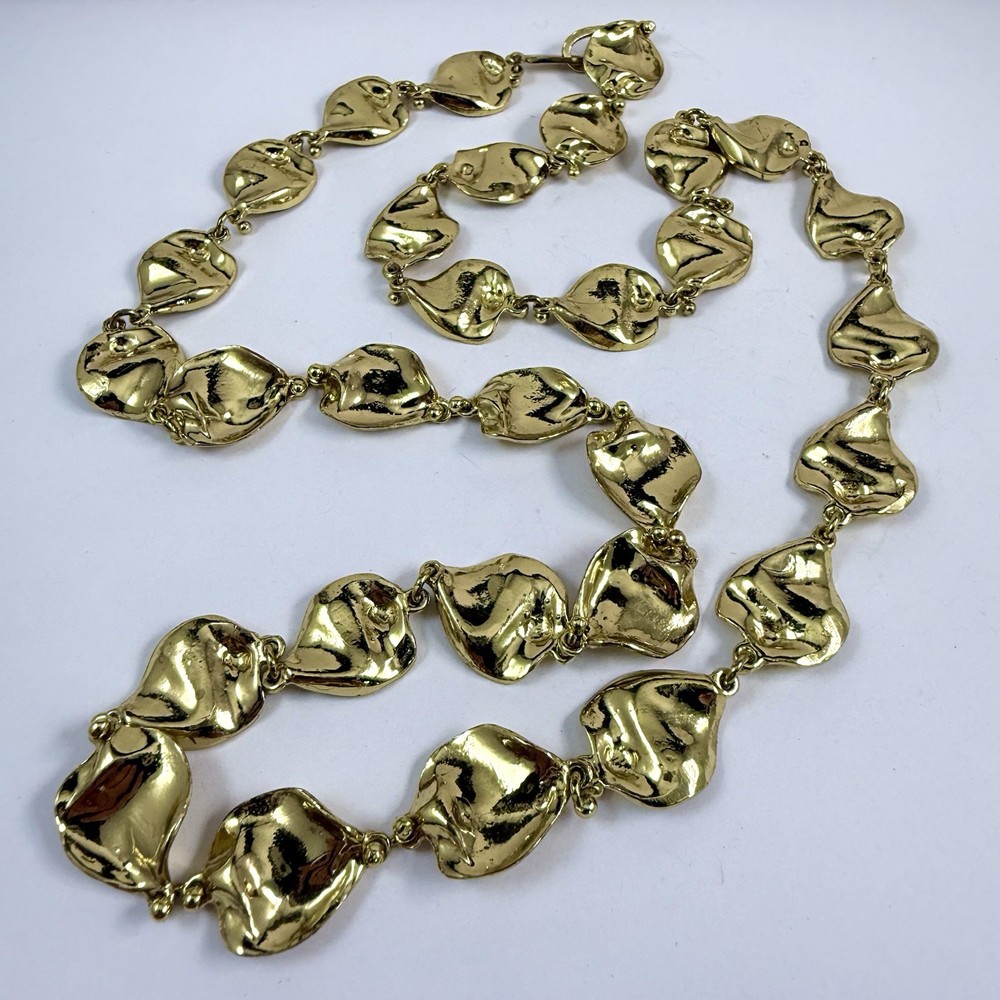 Vintage Anne Dick Signed Beautiful Brutalist Necklace Gold Tone 26”