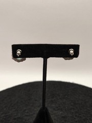 Vintage Faux Aquamarine Stud Earrings Silver Tone Scalloped Halo Crystal Border