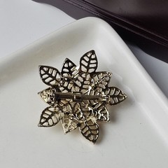 Vintage Gold Tone Pink Rhinestone Open Work Leaf Brooch