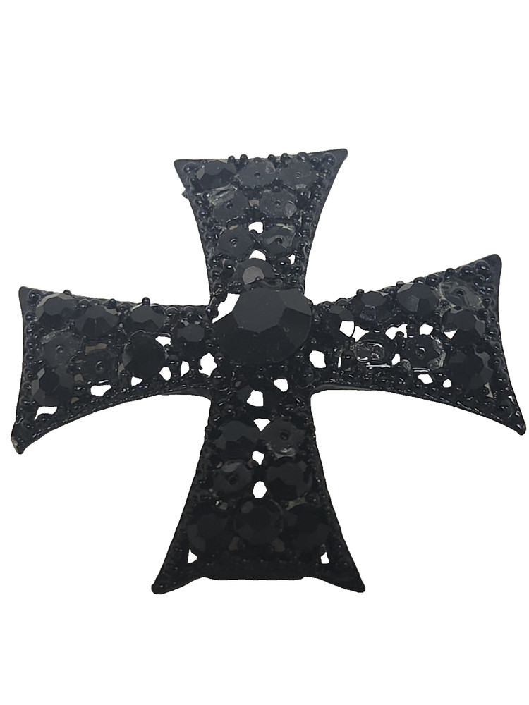 Oweiss Black Rhinestone and Resin Cross Brooch Vtg Gothic Glam Statement Piece