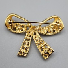 Vtg Ribbon Bow Bezel Brooch Clear Round Rhinestones Graduated Gold Tone Pin NICE