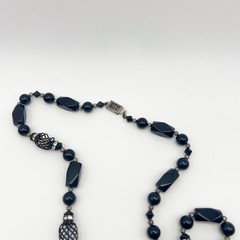 Vintage Black Glass Beaded 30″ Long Necklace Sterling Silver Box Clasp