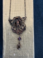 Vintage Art Nouveau Brass Cameo Pendant Necklace Purple Oval Glass 17in