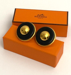 HERMES Paris Clip Earrings Black Leather Gold Tone Statement Signed Designer VTG