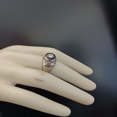 Chunky Silver Signet Ring Black Enamel Crystal Vintage Statement Domed Men Women