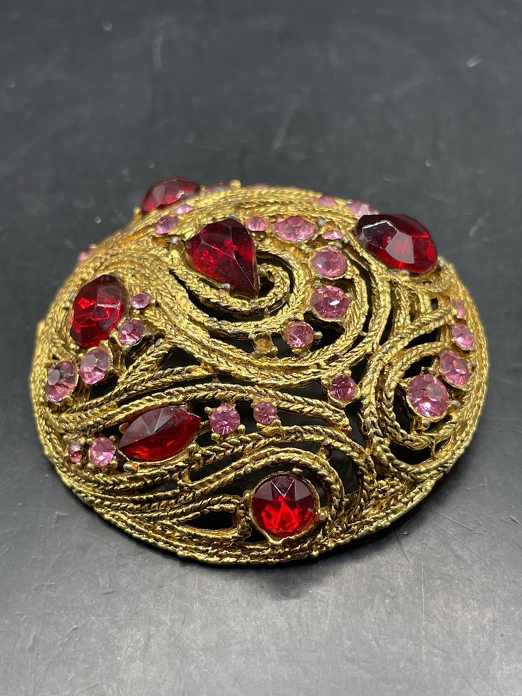 Vintage La Roco Domed Braided Filigree Austrian Crystal Brooch