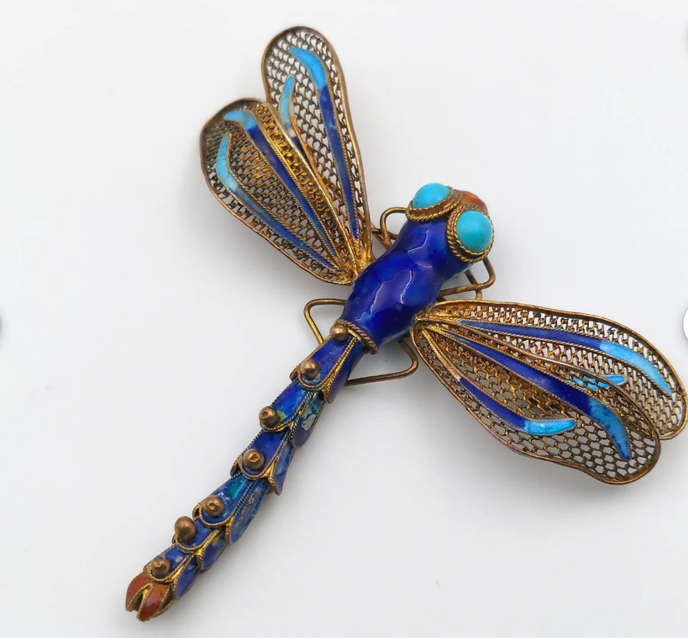 Vtg Chinese Export Silver Filigree Enamel Dragonfly Brooch Pin Turquoise Eyes