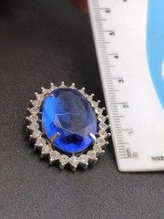 Vintage Sky Blue Oval Rhinestone Silver Tone Brooch Pendant 35mm