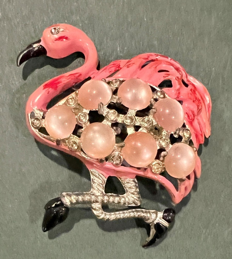 VTG Pot Metal Brooch Bird Pink Enamel Moonglow Rhinestone Silver Tone Flamingo