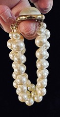 Faux Pearl Triple Strand Bracelet Carol Lee Signed Oval Cabochon Pearl Clasp 7”
