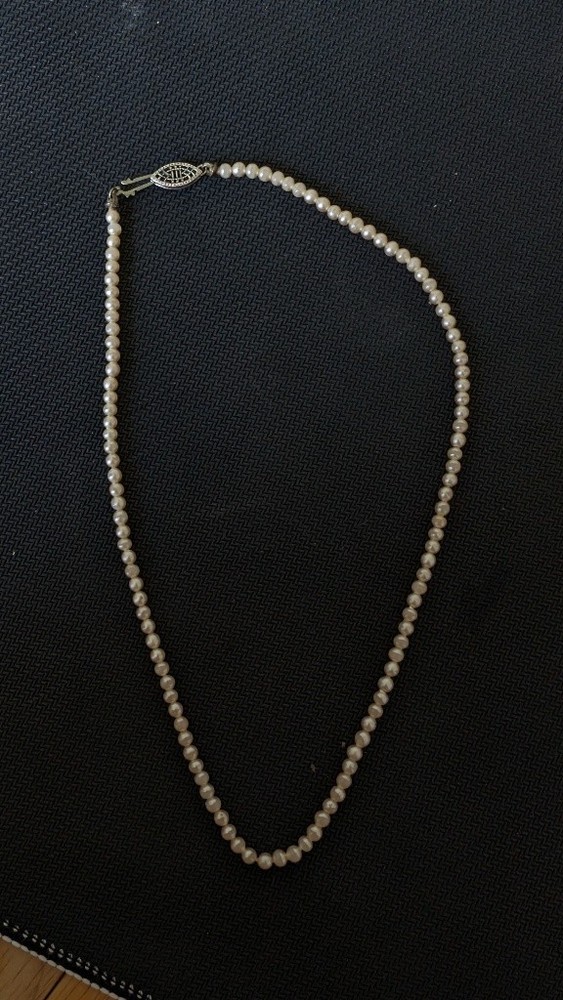 Vintage Sterling Silver Clasp Faux Pearl Strand Choker Necklace, 16″ Graduated