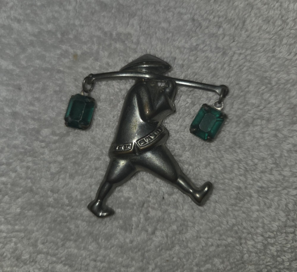 Vintage Asian Water Carrier Figural Brooch Silver Tone Green Glass Dangle Stones