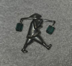 Vintage Asian Water Carrier Figural Brooch Silver Tone Green Glass Dangle Stones