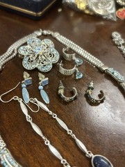 Vintage Jewelry Lot Blue Silver Statement Necklaces Earrings Brooch Boho Chic