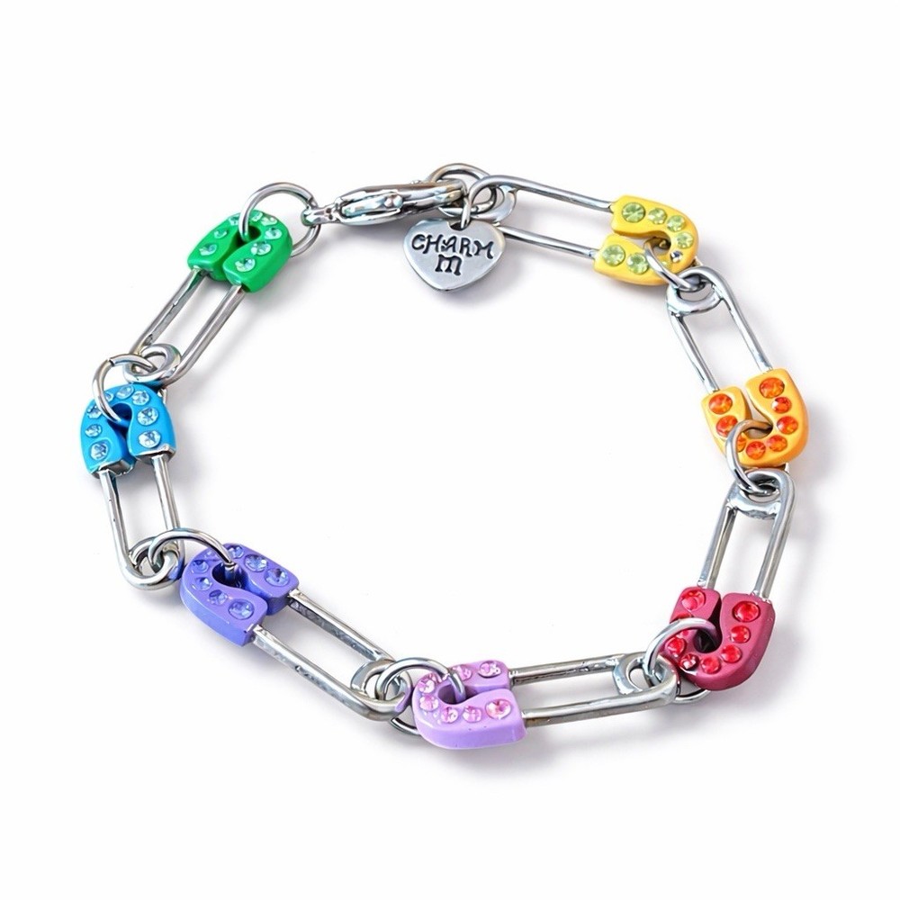 Y2k Vintage Charm It Safety Pin Chain Bracelet 6.5″ Colorful Rhinestone Kidcore