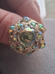 Hollycraft 1950s demi-parure green cab & AB clip on earrings & adjustable ring