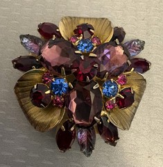 Vintage Juliana Purple Blue Red Rhinestone Brooch Goldtone D&E Book Piece 2.5″