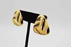 TAT Vintage Earrings Gold Black Off White Enamel Pierced Signed NOS 1980s