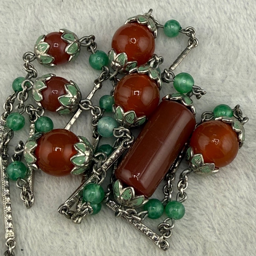 Vintage Art Deco Beaded Necklace Enamel Germany Silver Tone Red Green 30”