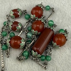Vintage Art Deco Beaded Necklace Enamel Germany Silver Tone Red Green 30”