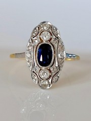 Art Deco Vintage 14k Gold Finish Lab Created Diamond & Sapphire Engagement Ring