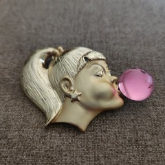 Vintage AJC Gold-Tone Brooch Ponytail Girl Blowing a Pink Bubble RARE