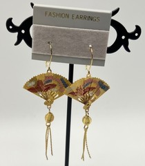 Vintage Asian Fan Tassel Earrings Gold Tone Phoenix Crane Statement Dangle 2.5″