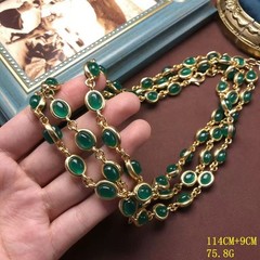 Vintage Green Cabochon Necklace Gold Tone Oval Link Statement Chain