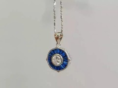 Art Deco Style Lab Created Diamond Sapphire Engagement 14K White Gold FN Pendant