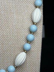 Vintage Bead Necklace Pastel Blue White Rib Textured Lucite Brass Spacer 28”