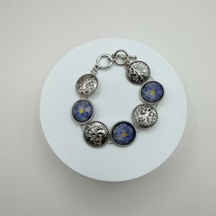 Vintage 90s Silver Tone Blue Flower Glass Cabochon Classic Fashion Jewelry Set