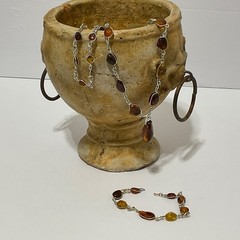 VtgGenuine Honey Cognac Amber Nugget Wire Wrapped Pendant Necklace Bracelet Set