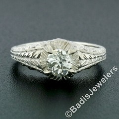 Vintage 14k White Gold 0.68ct Old Cut Diamond Solitaire Filigree Engagement Ring