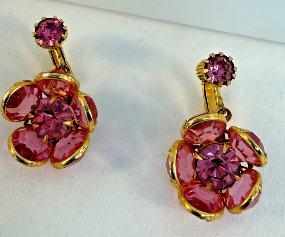 Vintage Pink Floral Rhinestone Clip Dangle Earrings Gold Tone Filigree Glamour