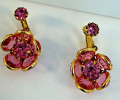 Vintage Pink Floral Rhinestone Clip Dangle Earrings Gold Tone Filigree Glamour