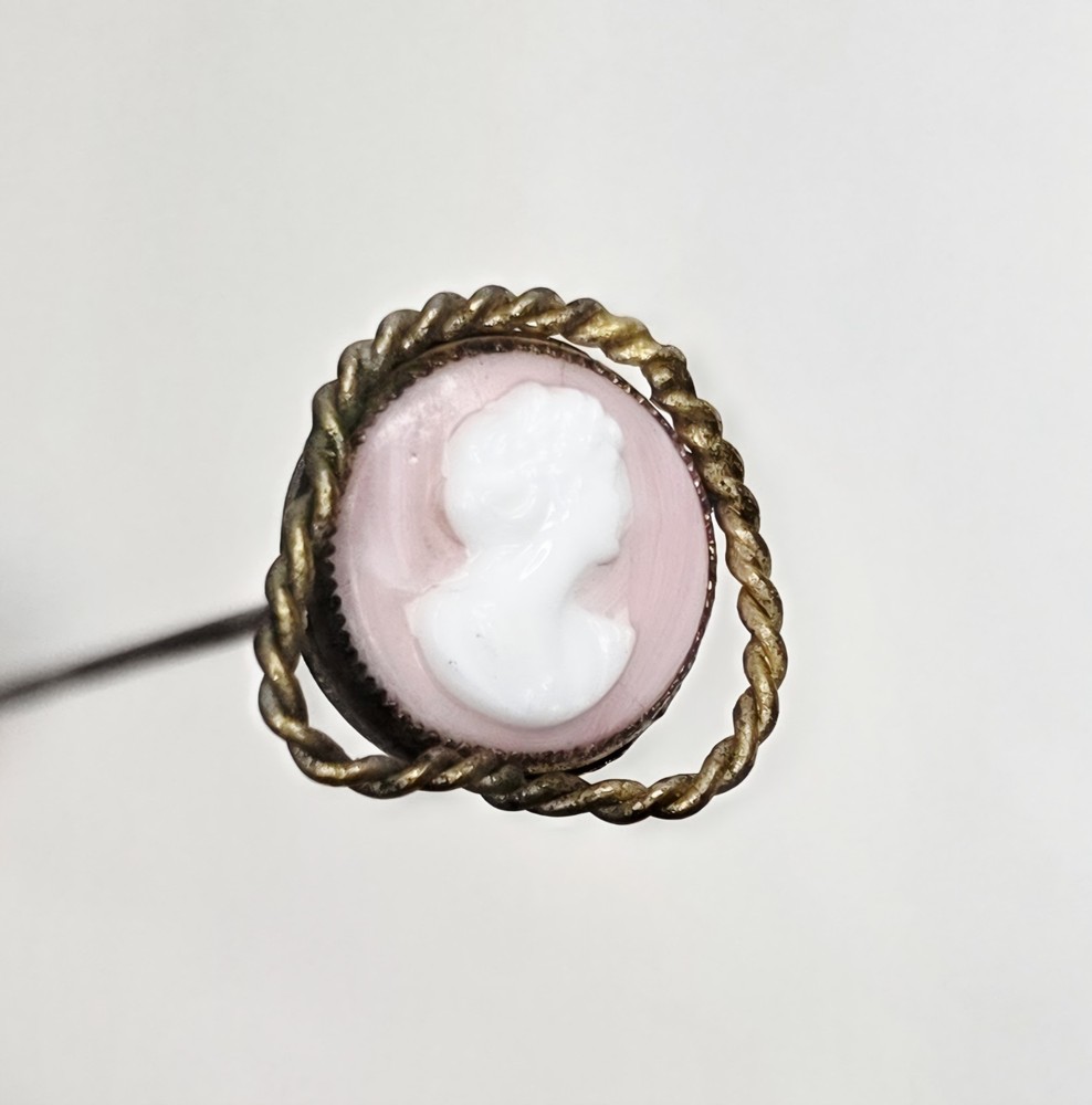 Antique 6.25″ Pink and White Shell Portrait Cameo Hat Pin Set in Brass