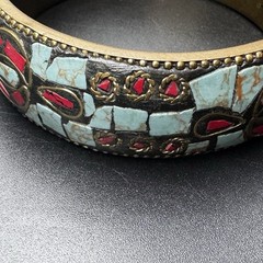 Nepalese Brass Bangle Bracelet Mosaic Turquoise Coral Inlay Boho Ethnic Jewelry