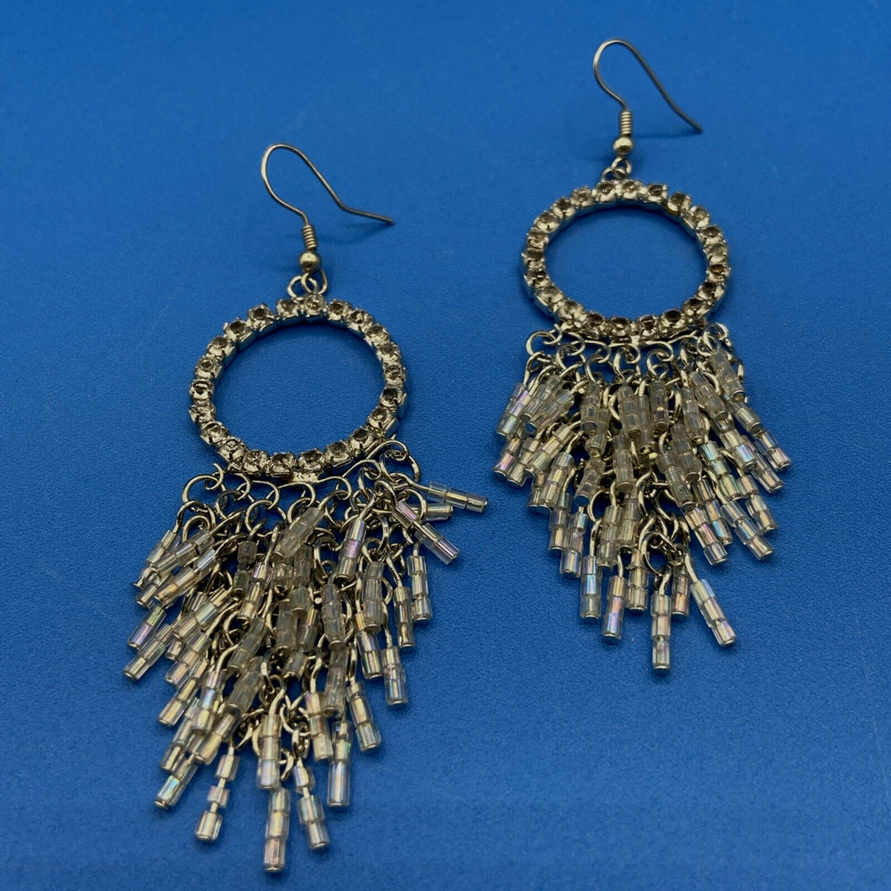 EARRINGS pierced 1970s 1980s Rhinestones beads long flapper fringe Statement