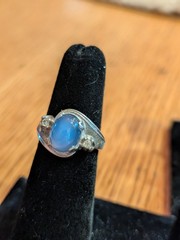 Vintage 925 Sterling Silver Blue Opalite Cabochon Ring Clear Accents Size 6