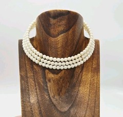 Faux Pearl Choker Necklace Three Row Gold tone Vintage Beaded Victorian