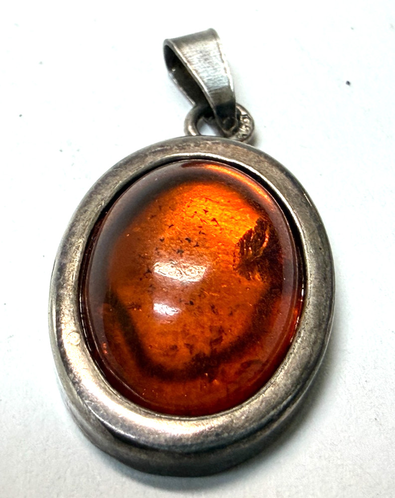 Vintage Sterling Silver 925 Baltic Amber Oval Pendant Cognac Honey Modernist