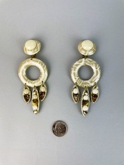 Vintage 80s HUGE Leather and Rhinestone beaded Clip earrings STATEMENT 5″ X 1.8″