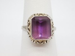 ANTIQUE 14K WHITE & YELLOW GOLD FILIGREE AMETHYST STONE RING SIZE 7