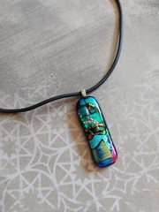 Vintage necklace precious metal foil art glass pendant on neoprene cord 19″