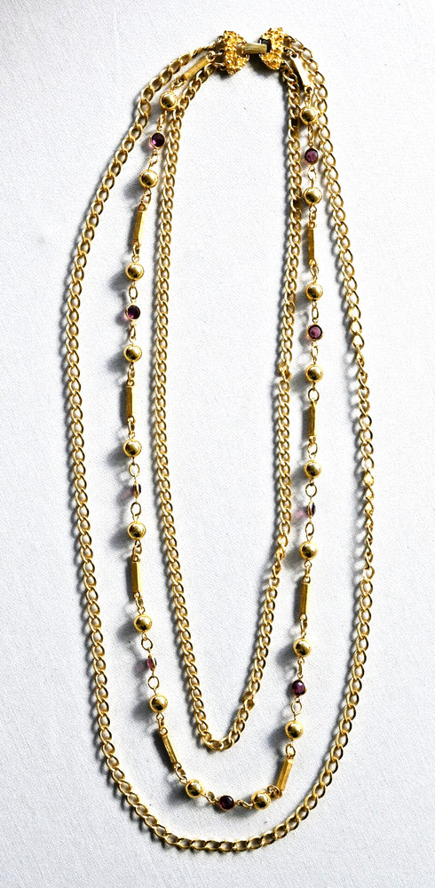 Vintage Purple Faceted Crystal Glass THree Tier Gold Tone Chain Necklace