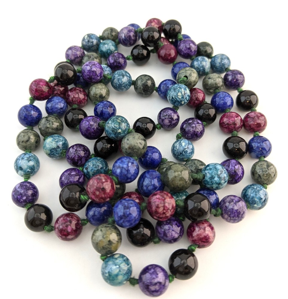 Vintage Beaded Hand Knotted Dyed Stone Necklace 30″ + Long 792