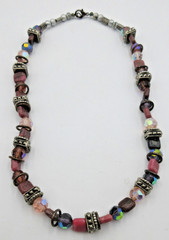 VTG UNUSUAL 20″ HEAVY BEAD necklace pink purple shade gray silver tone metal