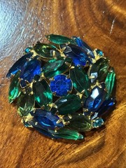 Vintage Domed Round Blue and Greens Rhinestone Brooch Unsigned