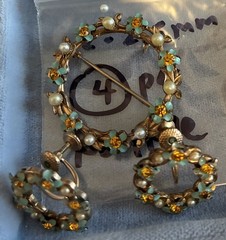 Vintage Blue Enamel Flower & Pearl Wreath Pin / Pendant and Earrings